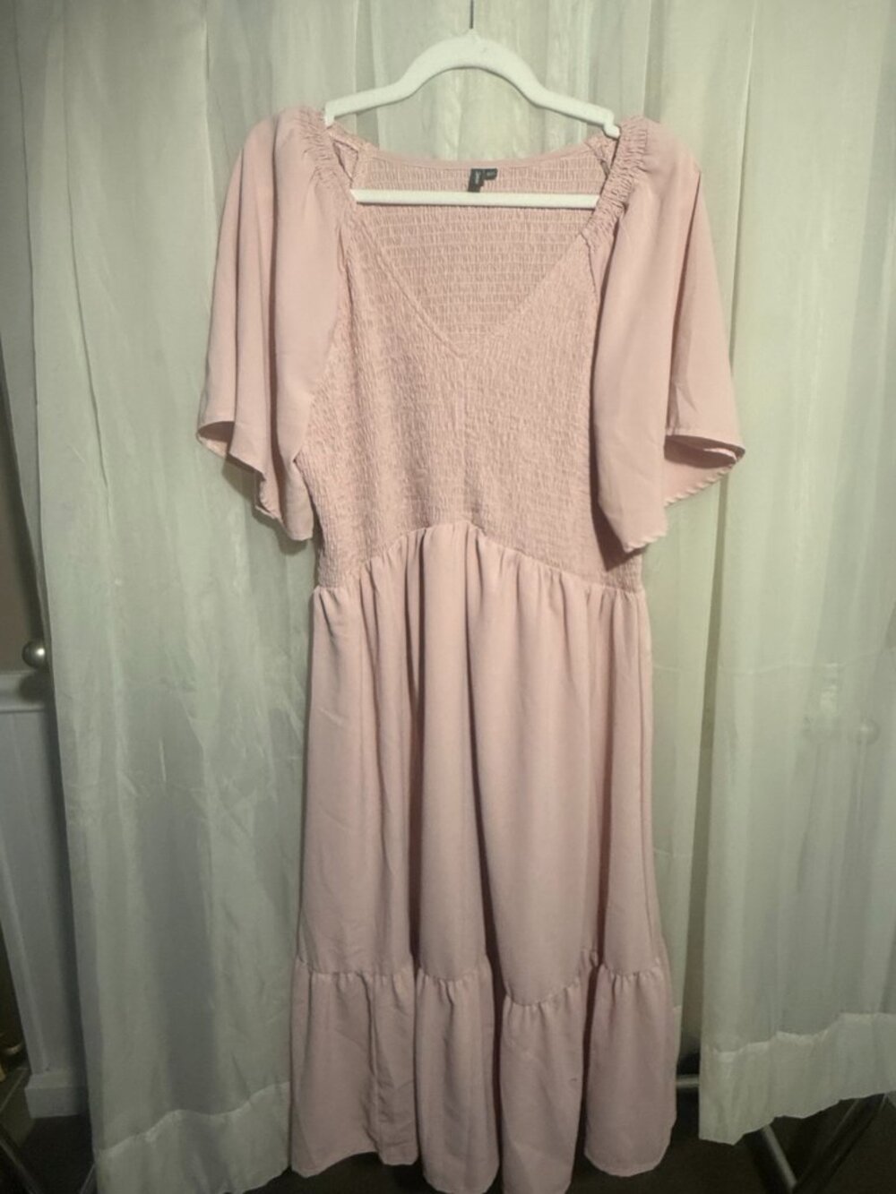 Zattcas Blush Pink Smocked Tiered Midi Dress XXL